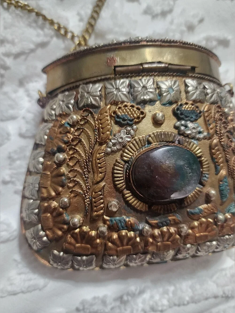 Vintage Sajai Indian Ethnic Sling Bag Clutches, Brass/Copper w/ Metal Chain